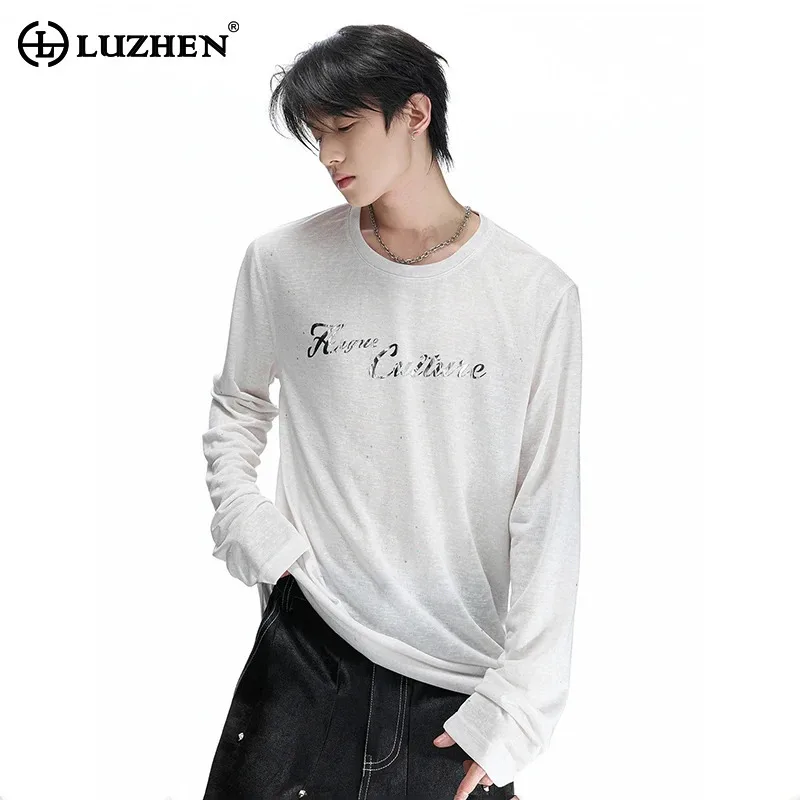 LUZHEN 2026 New Stylish Sequin Decorate Letter Pattern Back Hollow Design Long Sleeve T-shirts Men's Handsome Casual Tops JY8334