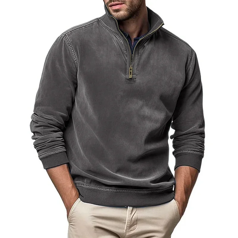 

European and American Men's Long Sleeved Zipper Stand Up Collar Sweatshirt Henry Collar Imitation Leather Thread Pullover Top