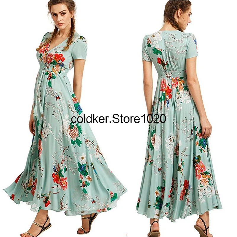 Women Bohemian Vintage Ethnic Floral Print Dress Holiday Style V Neck Short Sleeve Loose Split Long Holiday Beach Dress.