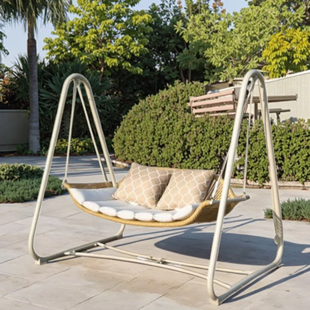 2026 Modern Ergonomic Metal Outdoor Porch Swing with Weather-Resistant Full Color Printed Removable Washable Cushions Canopy & G