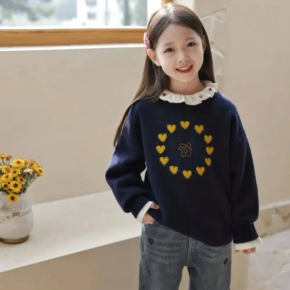

kids clothes girls sweater 100% wool Warm sweater Navy blue heart pattern knitted sweater kids winter clothes