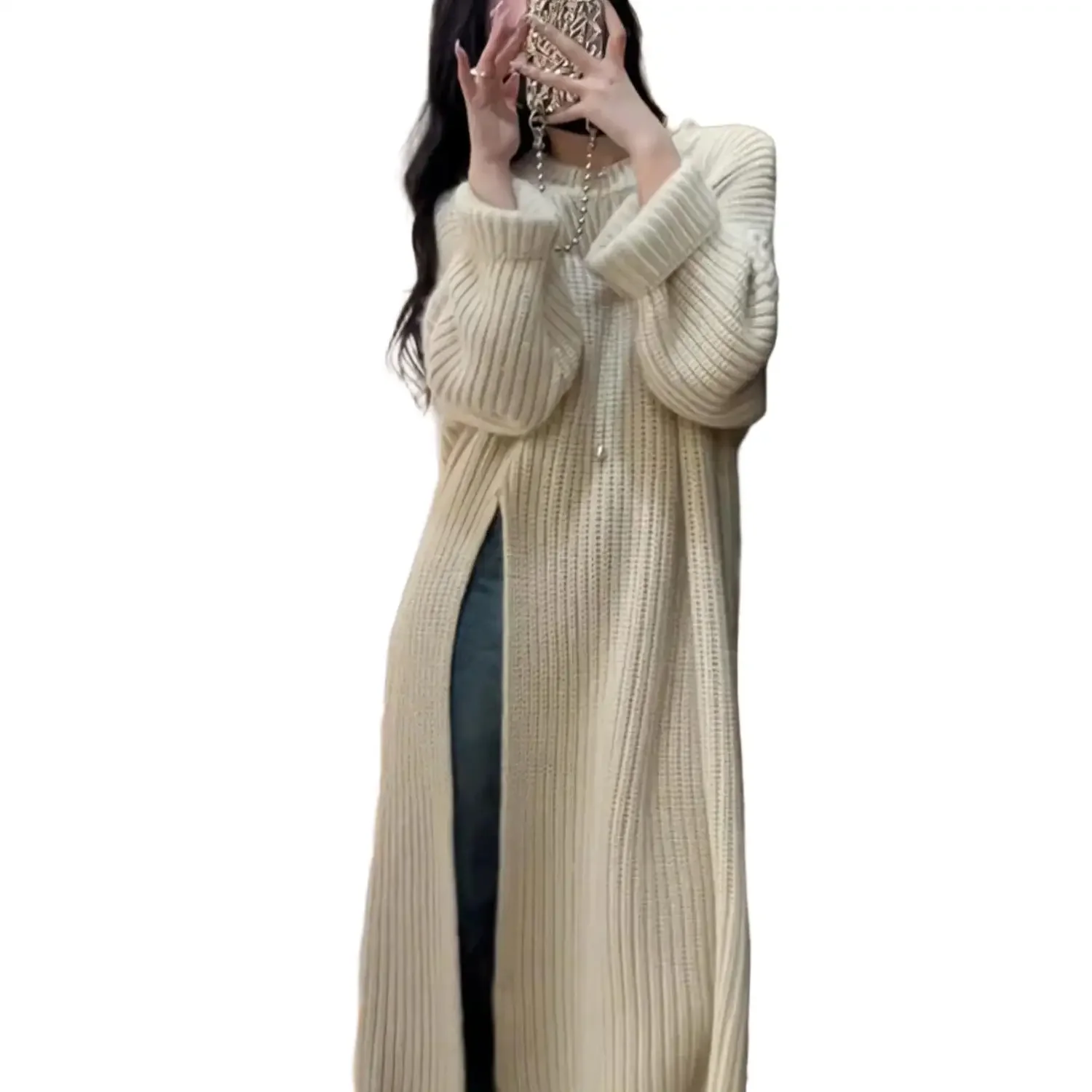 الكورية كسول نمط محبوك فستان المرأة أوائل الخريف جديد فضفاض فوق الركبة منتصف طول سترة فستان جولة الرقبة كم كامل #5