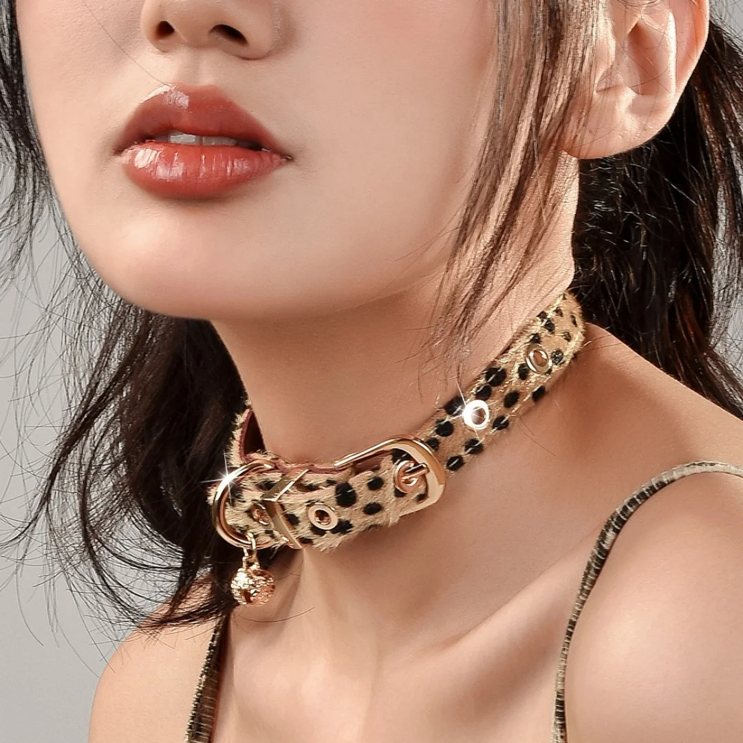 

DUTRIEUX Y2k Neo-Gothic Punk Puppy Footprint Tag Choker Leopard Pattern Horse Hair Chain Collar Leather Neck Party Necklace Gift