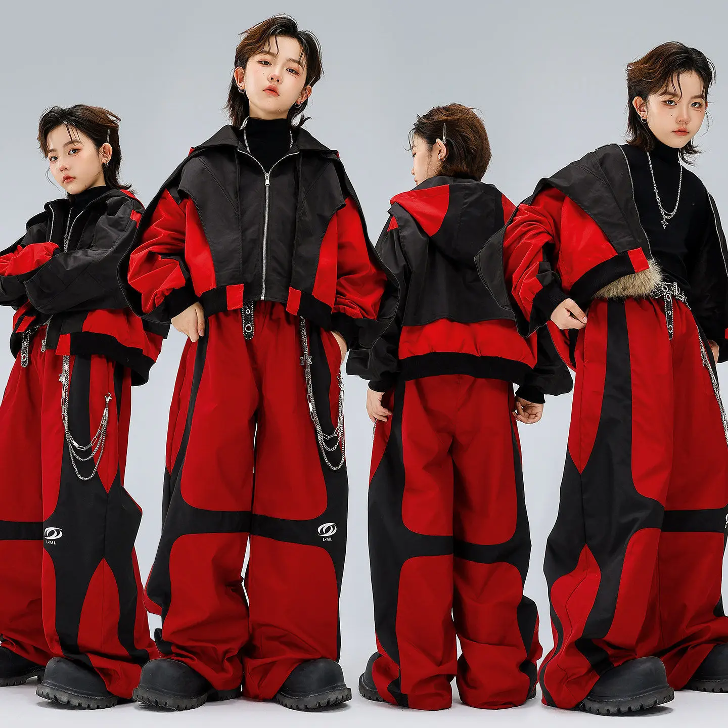 

Kid Kpop Hip Hop Clothing Black Zip up Short Hoodie Jacket Top Red Casual Wide Pants for Girl Boy Street Dance Costumes Clothes