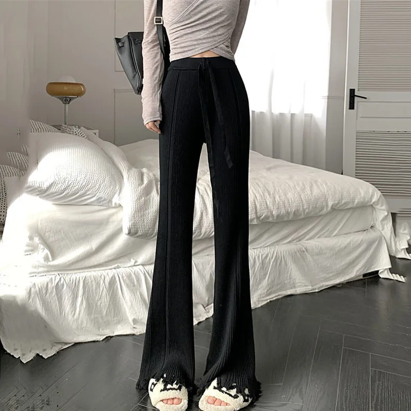 Tassel Korean Style Women Straight Knitted Pants  Bottoms Floor-length Trousers Causal Baggy High Waisted Drawstring Pants