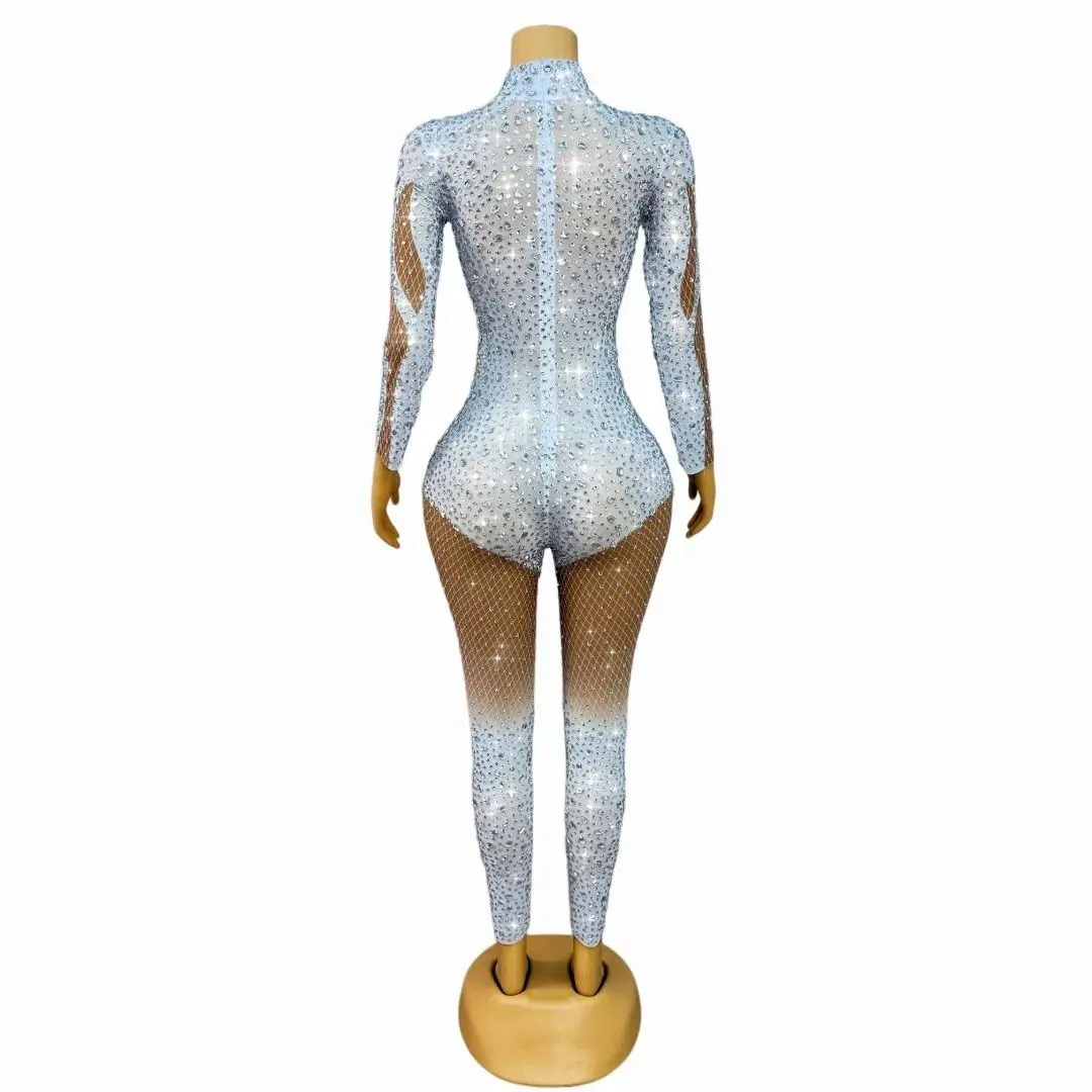 Kaier Light Blue Rhinestone Embellished Sheer Mesh Panel High Neck Long Sleeve Jumpsuit for Drag Queen Performances