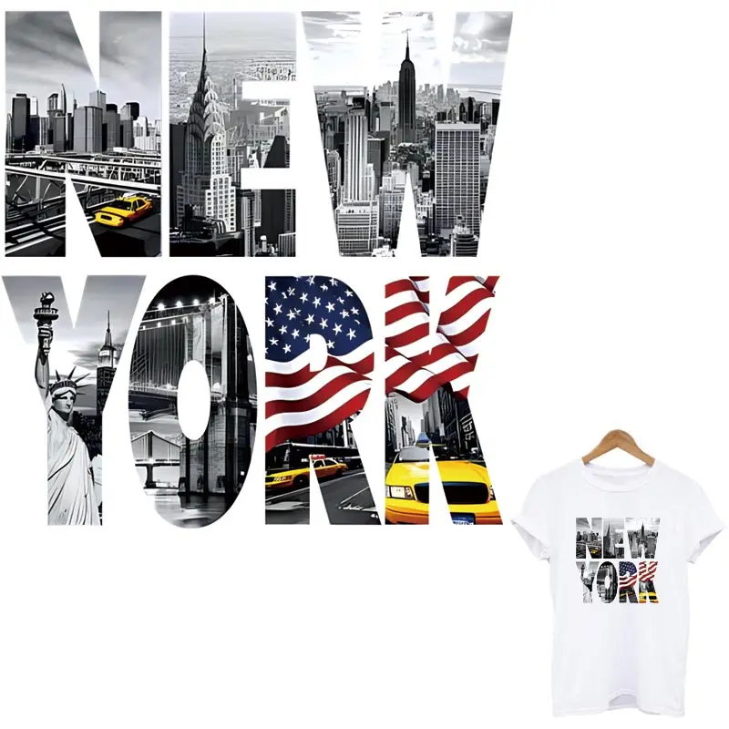 New York City Letter Photos Iron-On Patches Heat Transfer Sticker Clothing Diy Washable Trend Applique Decor T-Shirt Pullover