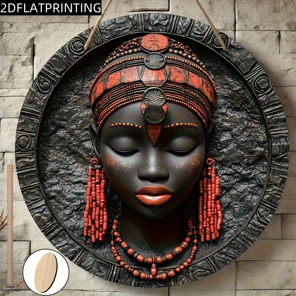 2D-Plakat – Dies ist ein kreisförmiges Holzschild mit einem Musterdesign afrikanischer Masken.