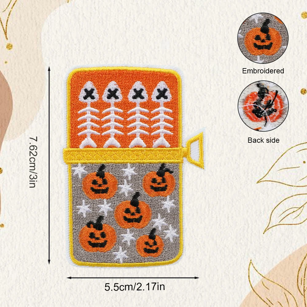 1 piece Halloween pumpkin sardine embroidered fabric patch. Fish skeleton pattern, can be ironed or sewn on.