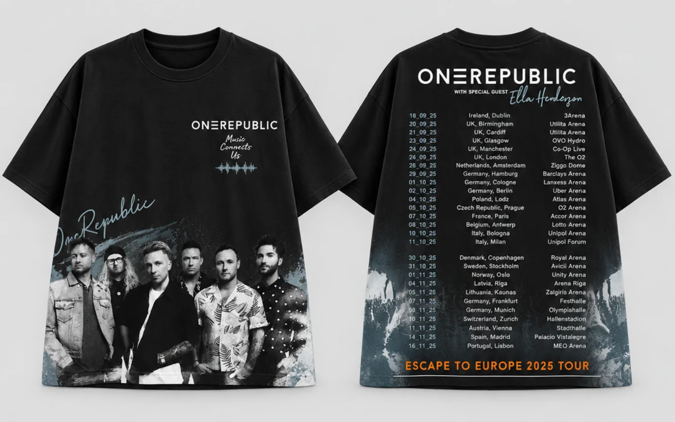 OneRepublic Escape To Europe Tour Unisex White T-Shirt, Front & Back 3D Print, Y2K Street Casual Vintage Rock Short Sleeve Tee