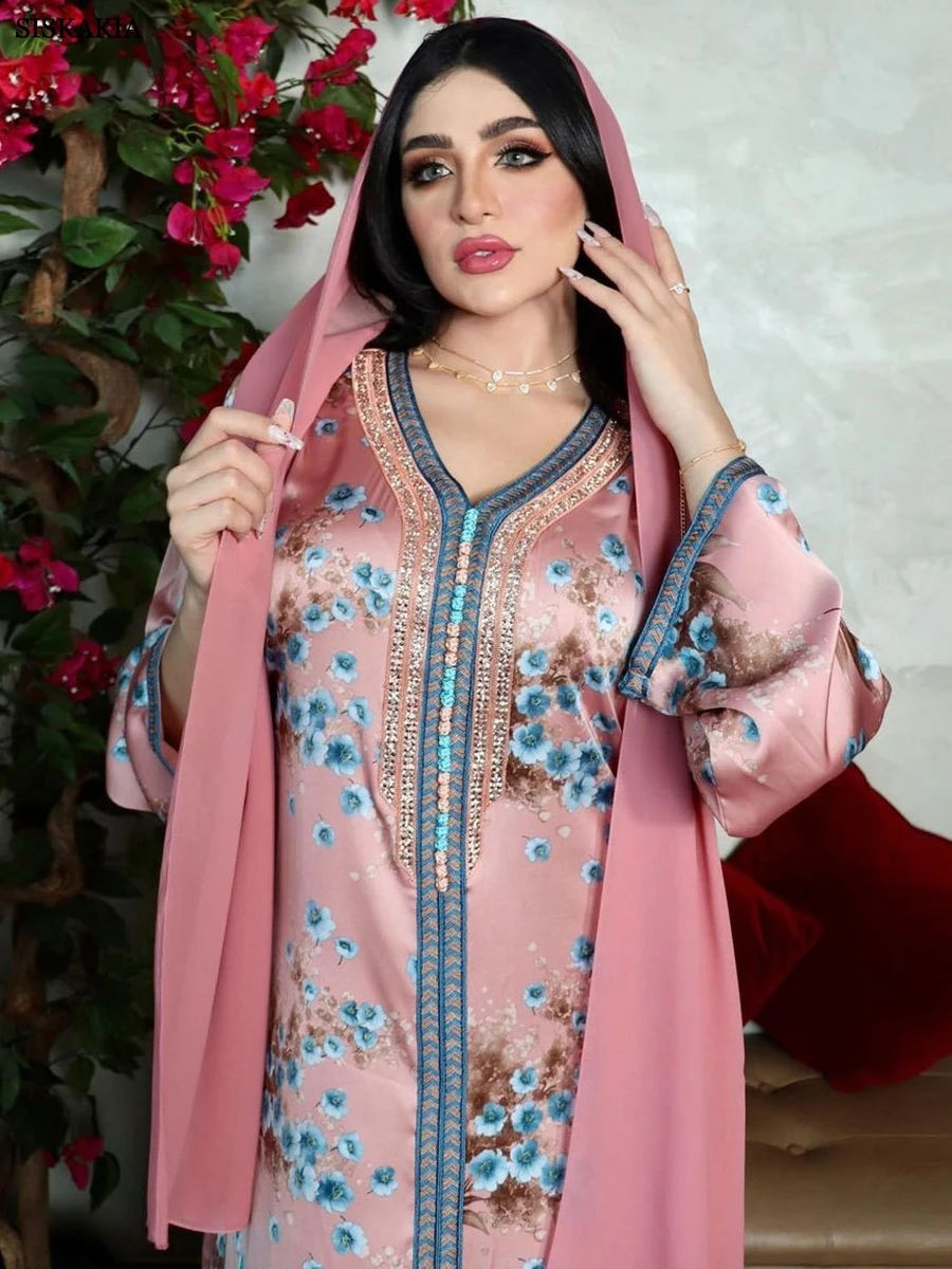 Ramadan Kaftan Dubai luksusowe diamenty długie sukienki kwiatowy Print dekolt w serek taśma koronkowa elegancka sukienka w stylu Casual, imprezowa