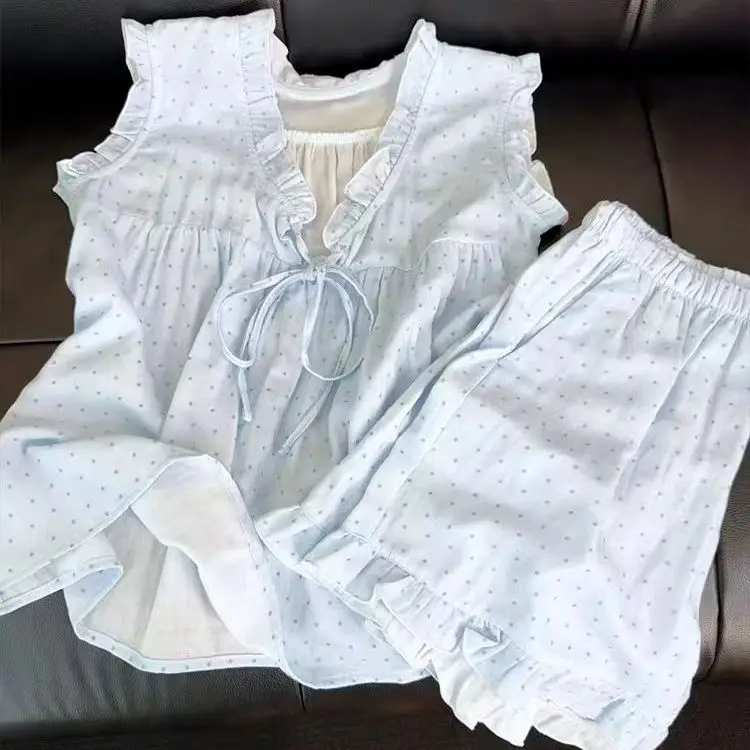 

Summer 2025 French Sweet Fungus Lace-up Polka Dot Sleeveless Pajamas Women's Elegant Vest Shorts Loungewear Outside Outfits New