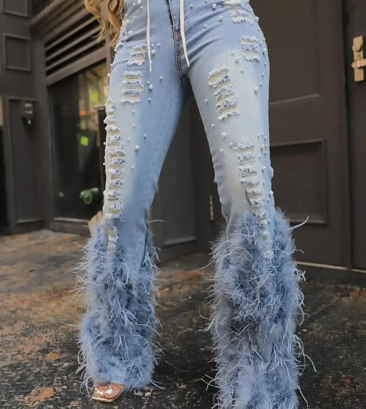 Women Jeans Ankle Length Fur Pants High Waist Zipper Denim Mom Elegant Party Washing Pearls Y2k Mom Pockets Streetwear Casual