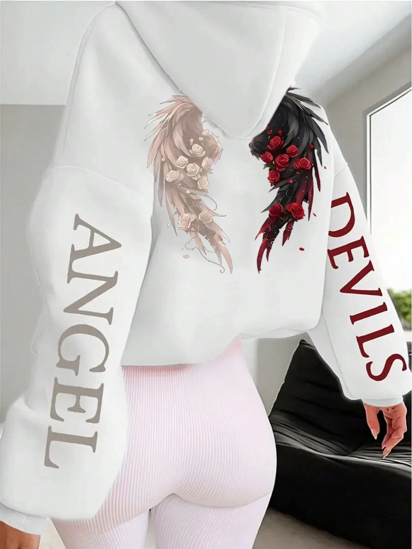 Angel Devil Wings Rose Prints Hoodies Womens Casual Pocket Sweatshirts Winter Fleece Warm Tops Basics Oversized Woman Clothes