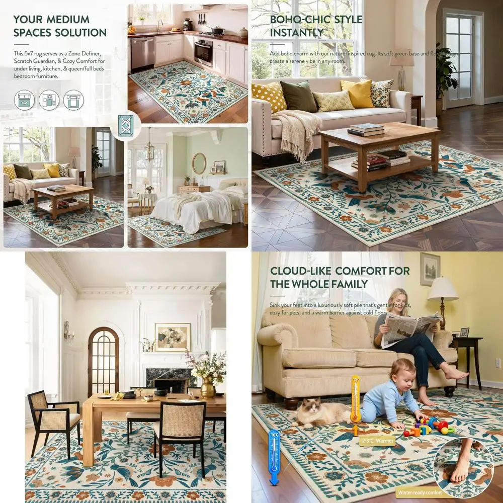 

5x7 Washable Bohemian Floral Bird Rug for Living & Dining Rooms, Modern Farmhouse Style, Non-Slip Carpet for Home Decor