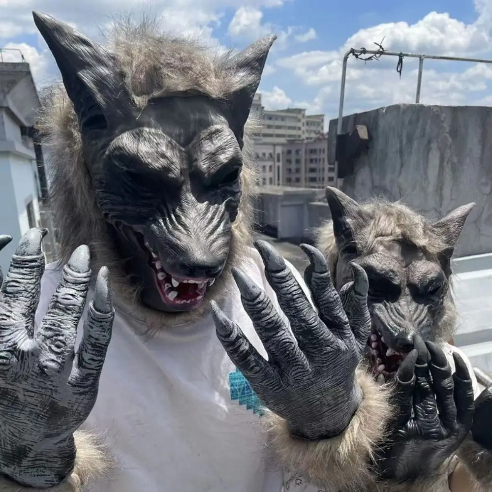 Vivid Funny Latex Halloween Werewolf Gloves Rubber Artificial Hair Wolf Head Vivid Halloween Costume Party