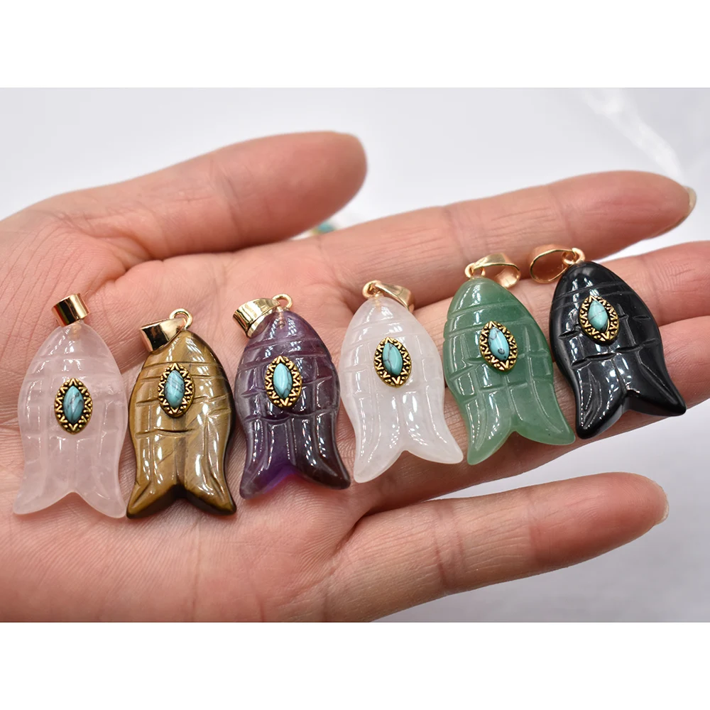 Fashion carved natural Stone amethysts rose quartz fish shape charms pendants fit jewelry making 6pcs Wholesale free shipping