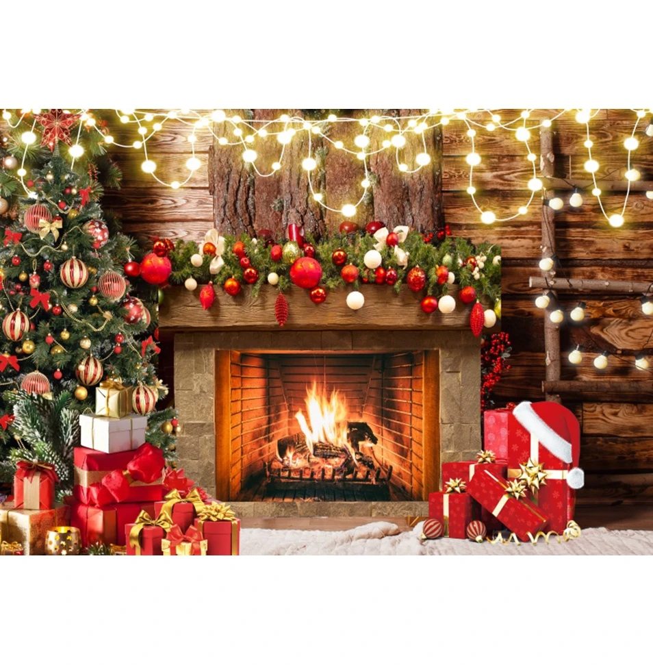 Christmas Fireplace Fire Backdrop Burning Firewood Socks Xmas Tree Family Party Photography Background Decor Photostudio Props