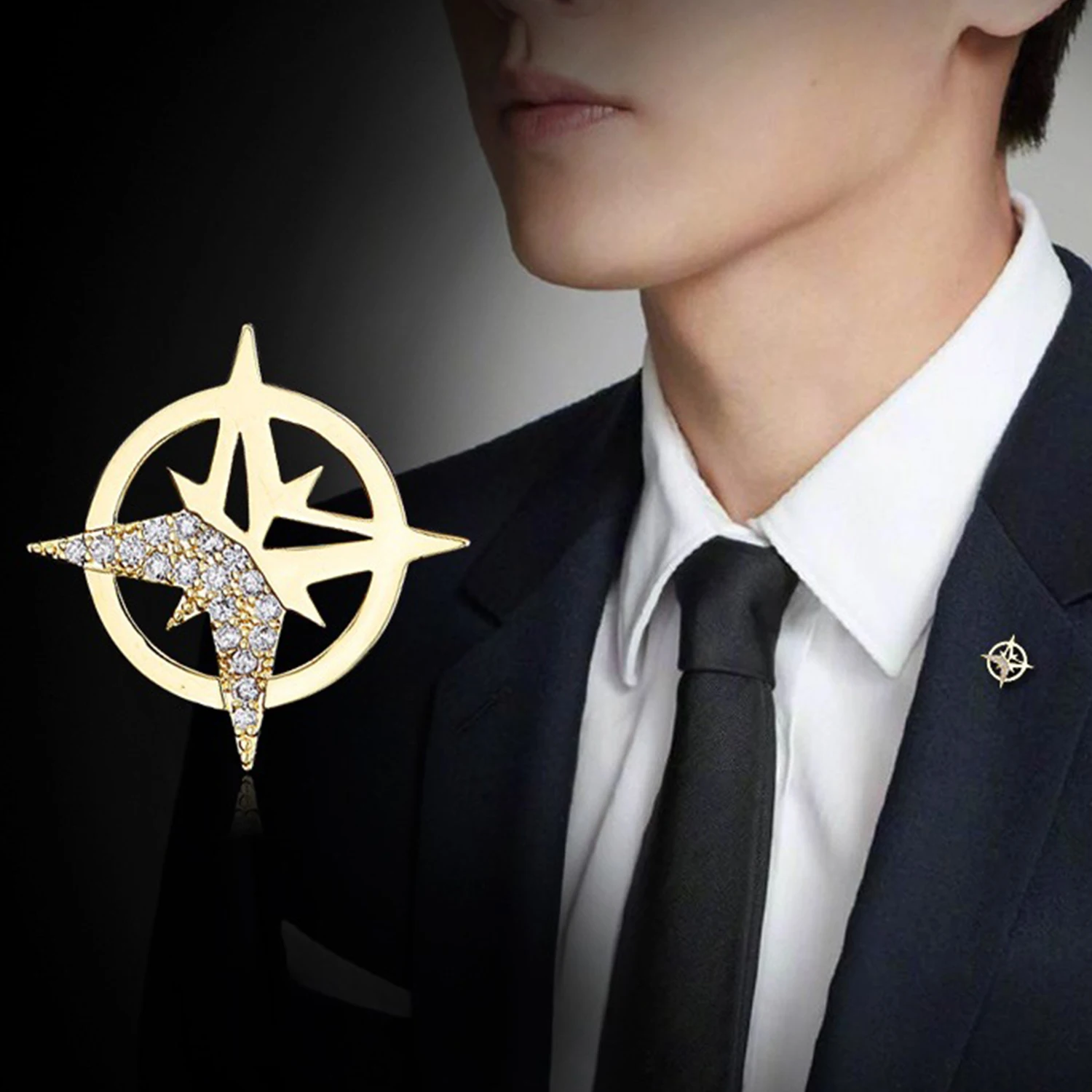 High-end Six-pointed Star Crystal Brooches Men's Suit Collar Pin Gold Sliver Color Corsage Lapel Pins Fashion JewelryAccessories