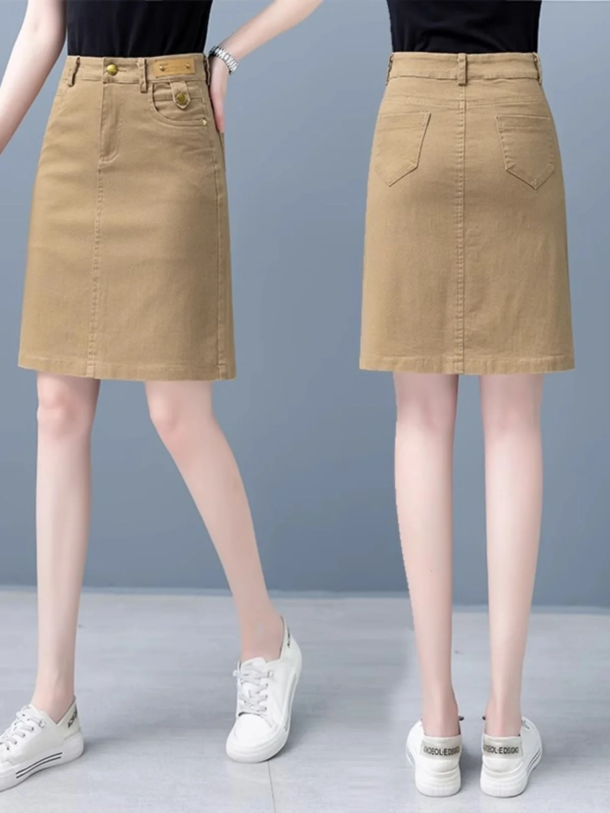 Khaki A-Line  Skirt Women's Casual Pure Cotton Spring Summer New Style High Waist Midi Skirt Commute Pattern Short Skirt