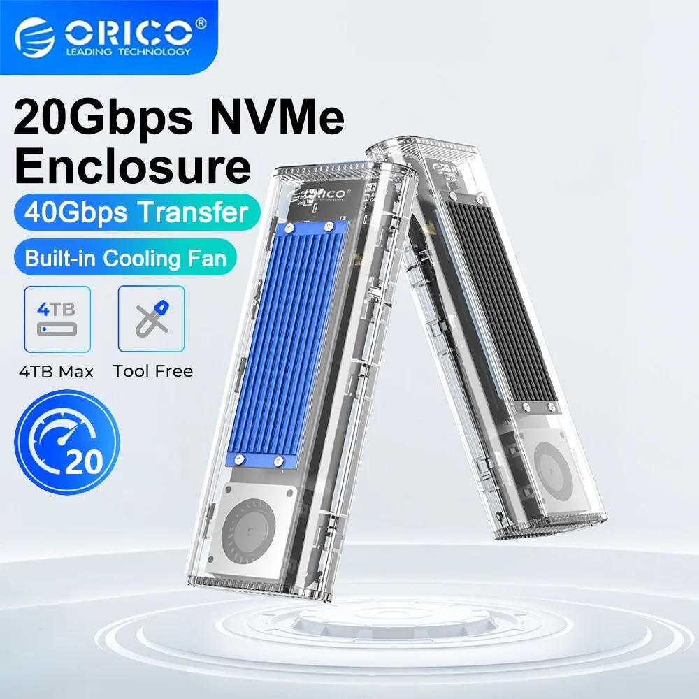 ORICO M.2 NVME SSD Case M.2 NVME Adapter with Cooling Fan USB 3.2 20Gbps NVME Hard Drive Enclosure Adapter Tool Free for PC Case