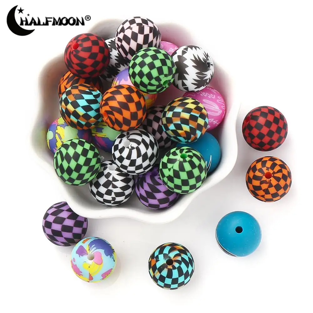 10Pcs 15mm Print Silicone Beads Round Food Grade Beads For Jewelry Making DIY Pacifier Chain Keychain Pend Bracelets Accessories