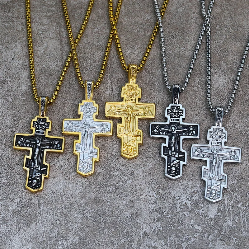 Punk Rock Stainless Steel INRI Crucifix Jesus Cross Pendants Necklace for Men Jewelry Black Gold Silver Color