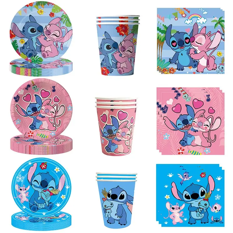 Disney Stitch Birthday Party Decorations Pink Lilo Stitch Theme Tableware Cup Plates Balloons Deco Happy Supplies For Kids Girls