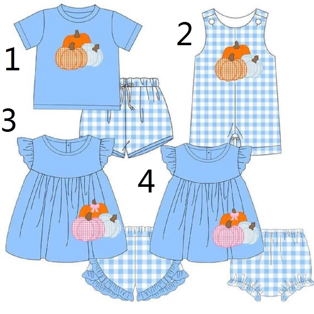 

Wholesale and Retail Thanksgiving Pumpkin Print Boys Girls Summer Blue Short Sleeve Shorts Boutique Set