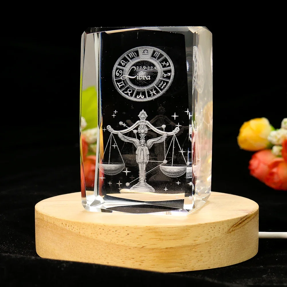 80mm Laser Engraving 3D Zodiac Signs Sagittarius Virgo Prism Glass Crystal Ornament Paperweight Craft Jewelry Display Base Decor