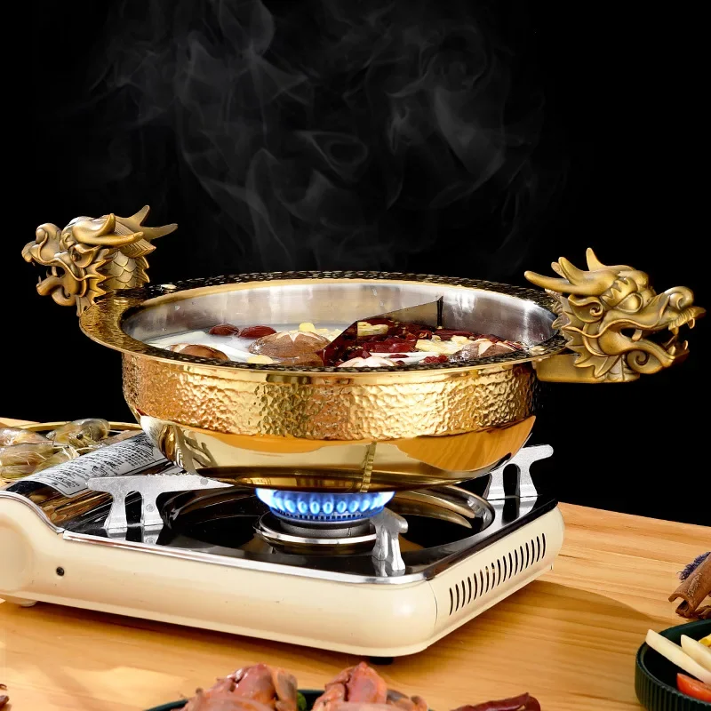 36/38cm Stainless Steel Chinese Hot Pots with Dragon Head Golden Finish Gas Induction Cooker Soup Hotpot Chafing Dish Cookware