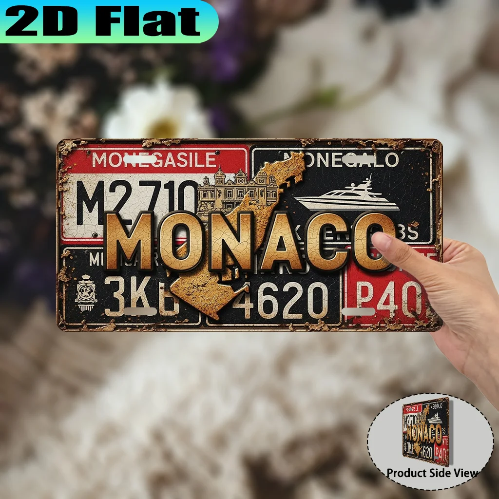 [2D Flat] 1pc Aluminum Material for Decorative Use Only, License Plate Cover & License Plate Frame, Monaco Vintage Aluminum Sign