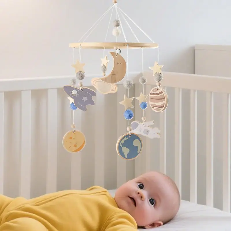 Baby Mobiles Wood Nursery Pendent 360 Degree Rotating Space Pattern Crib Mobile For Calming Visual Stimulation Play Travel Night