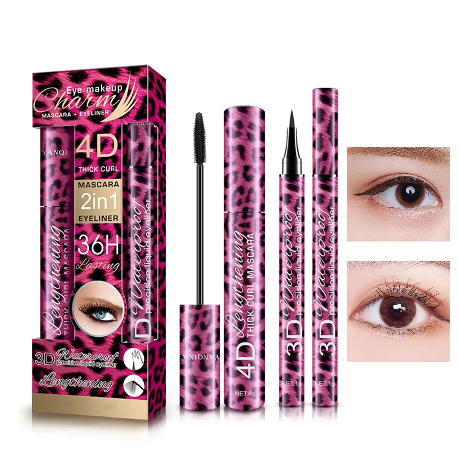 Liquid Eyeliner Pencil+4D Waterproof Mascara Set Thick Curling Mascara Eyebrow Eyebrow Pencil Long Lasting Eye Makeup Set Tools