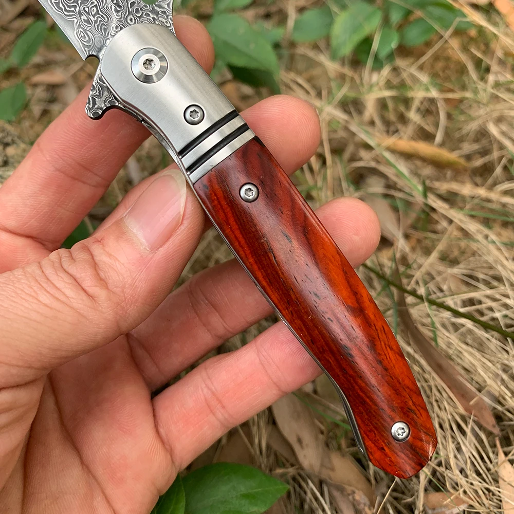 Hand Original Damascus steel Folding Knife wood Handle Ball Bearing EDC Portable Camping Pocket knife Professional 