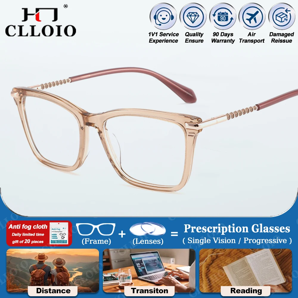 

CLLOIO New Fashion Square Design Prescription Glasses Women's Acetate Blue Light Blocking Myopia/Reading/Multifocal Eyeglasses