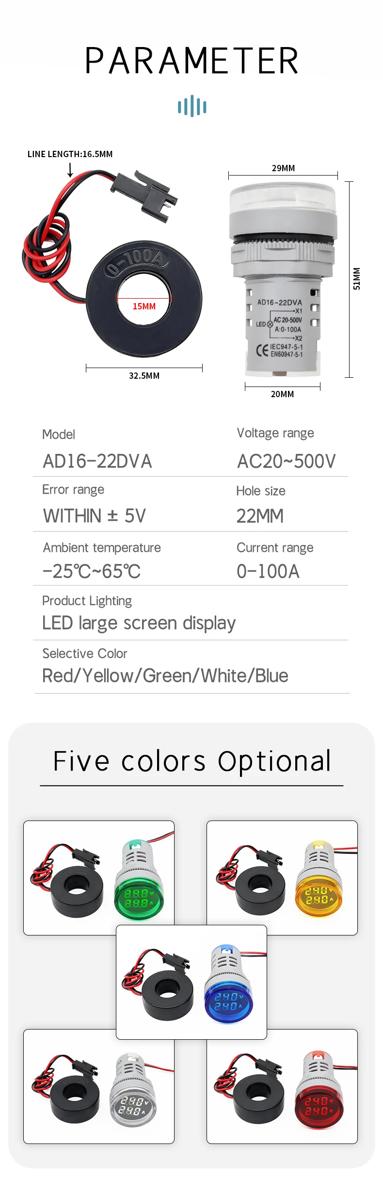 Runde LED Dual Display AC Amp Volt Mini Digital AC 20-500v Anzeige Voltmeter Amperemeter 0-100A Panel Meter – Detail 4