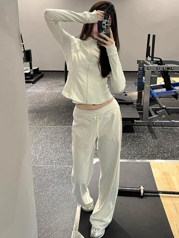 

Fashionable Casual Women's Set 2025 Autumn New Long Sleeve Open Cardigan Coat High Waist Wide Leg Pants Running Two Piece Set