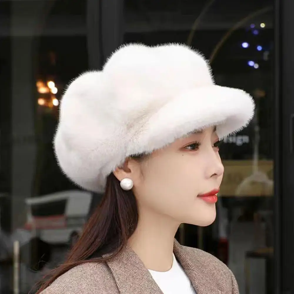 

Cold-proof Artist Painter Cap Thick Faux Fur Hat Fluffy Cloud-shaped Hat Outdoor Windproof Octagonal Cap Plush Elegant Berets