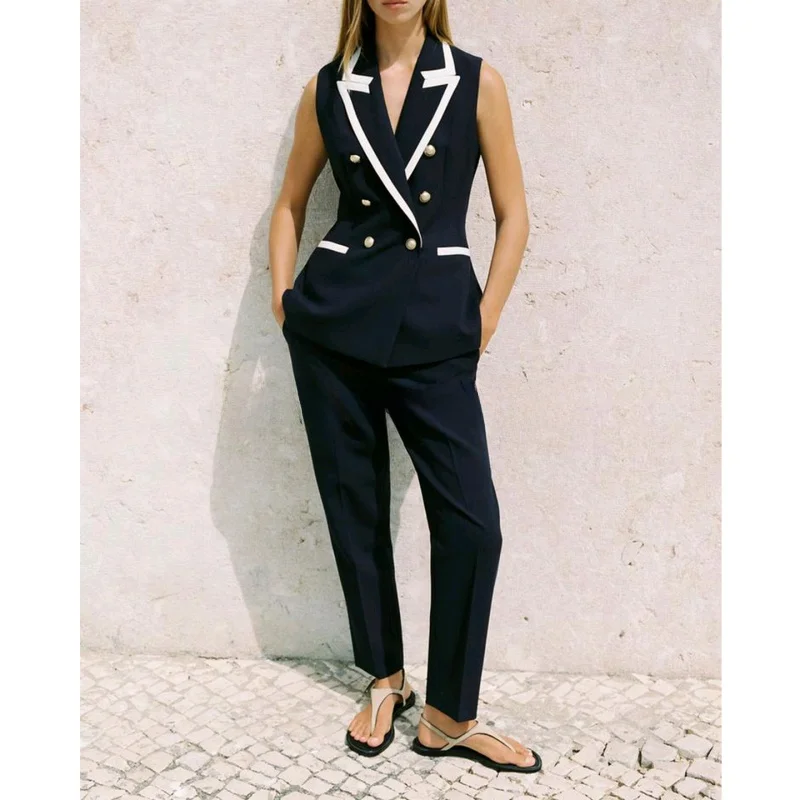 Повседневный Sle Повседневный ветровой воротник Svel Color Blo Trim Жилет с высокой талией Slim Fit Длинные брюки Faion Комплект для женщин