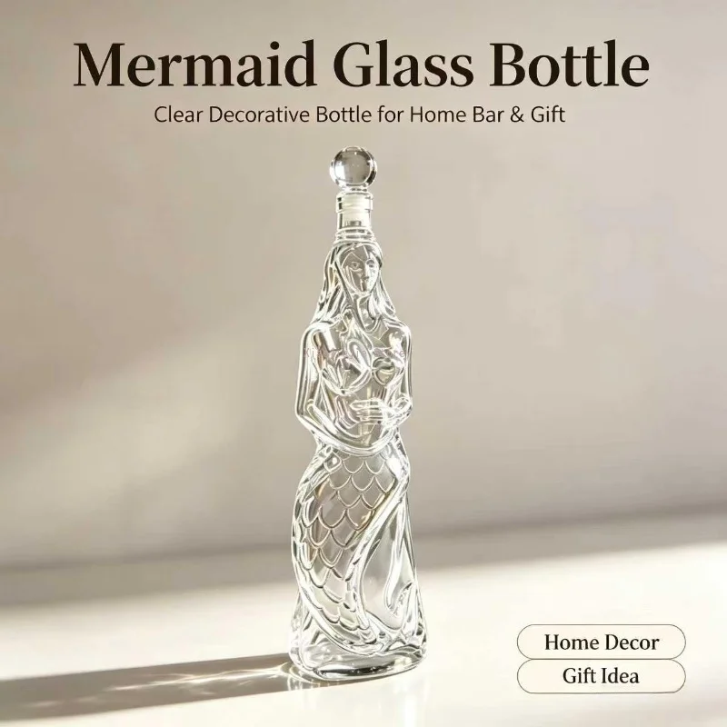 Unique Mermaid Figure Glass Wine Decanter Diamond‑Shape Stopper Decorative Bottle for Bar Lover Gift