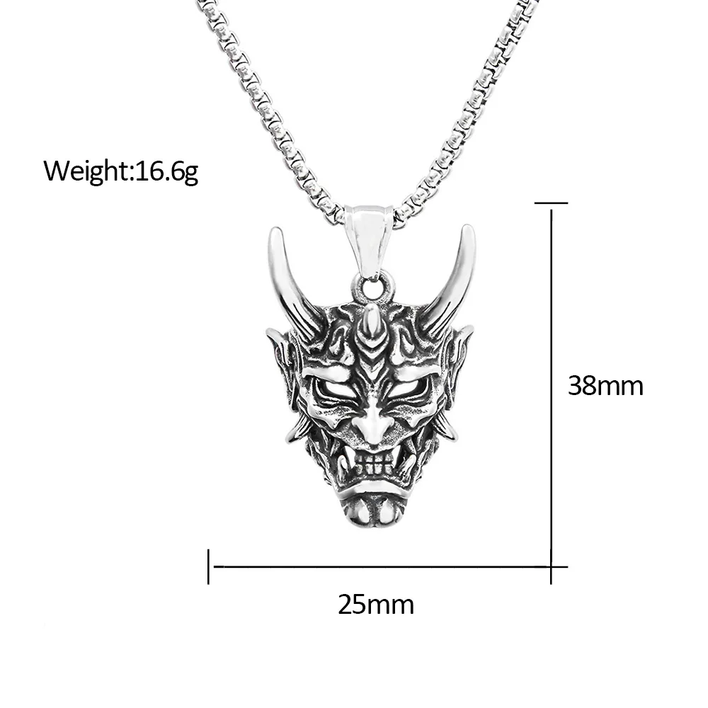 100pcs/lot Titanium Steel Prajnaparamita Ghost Mask Pendant Silver Horn Vintage Necklace Stainless Steel Jewelry Women's Trendy