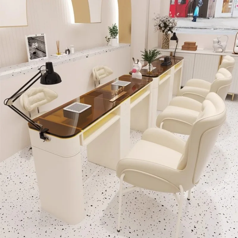 yjq single and double three-person manicure table and chair set wrought iron glass with vacuum cleaner manicure table