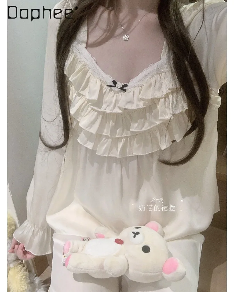 French Elegant Sweet Princess Pajamas Sets Ruffled Round Neck Long-sleeved Top Trousers Two-piece Loungewear Women's 2026 Autumn