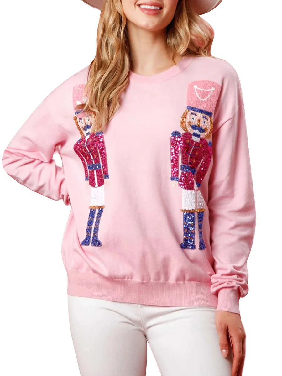 Women\'s Ugly Christmas Sequin Nutcracker Sweatshirt Cute Holiday Graphic Tee Crewneck Long Sleeve Pullover Sweater Top