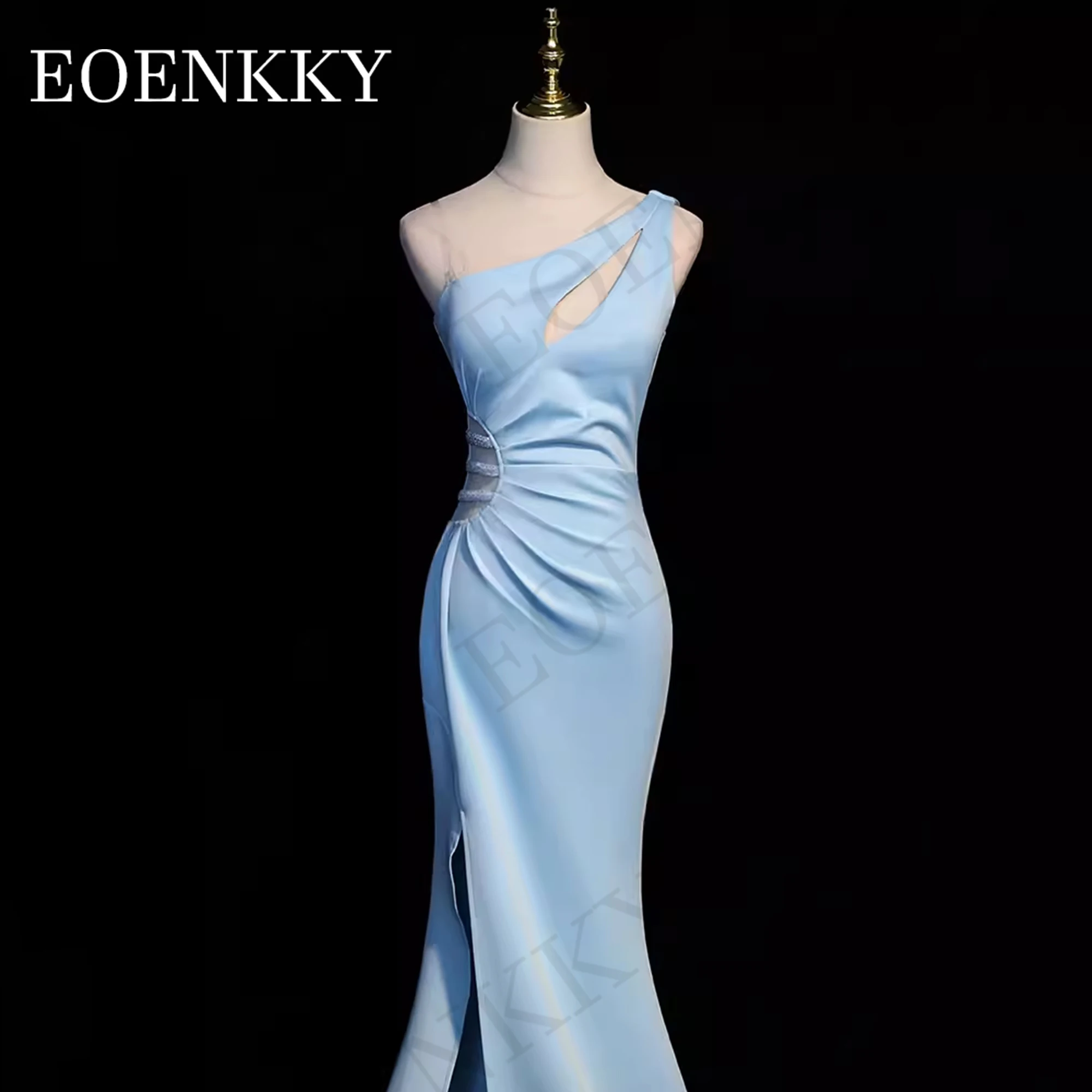 Robe de Soirée Élégante en Satin Bleu Ciel pour Femme, Tenue Sirène Sexy, Fendue, pour Occasions Formelles élégant bleu ciel sirène sexy robe de soirée Une épaule satin fourche formelle occasion robe femme sans manches