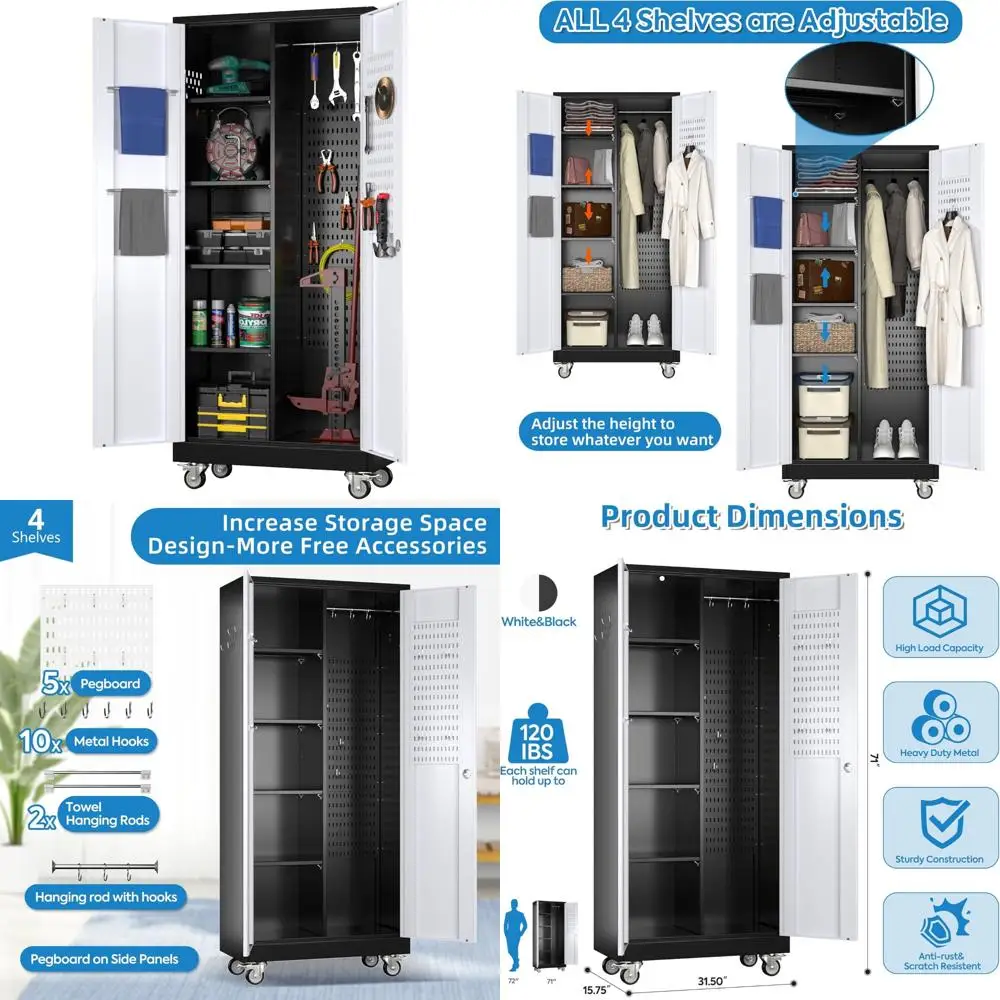 Armadietto portaoggetti portatile per garage in metallo con ripiani regolabili, con serratura e ruote per l'organizzazione definitiva