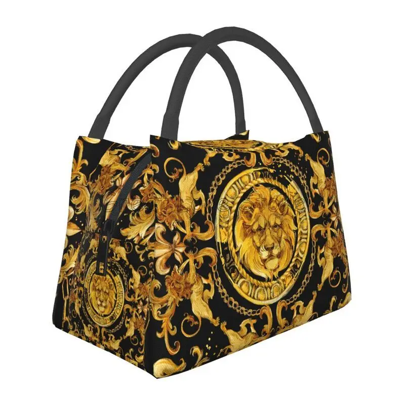 Golden Lion Baroque Print Thermal Lunch Bag Women Portable Insulated Cooler Bag for Picnic Work Reusable Waterproof Lunch Box
