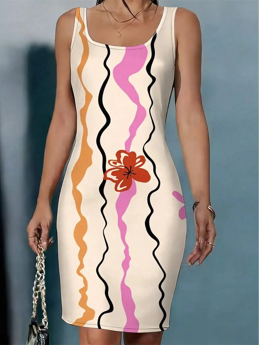 

Abstract Wave And Flower Print Womens Bodycon Dress Summer Casual Knitted Dress