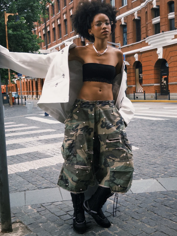 

STEEPC M65 Improved Baggy Waed Camouflage Hole Pearl Workwear Mid-Length orts Casual Seven-Foot Pants Summer Faion